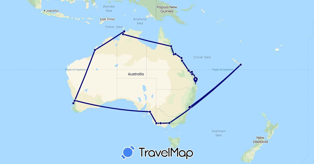 TravelMap itinerary: driving in Australia, New Caledonia (Oceania)